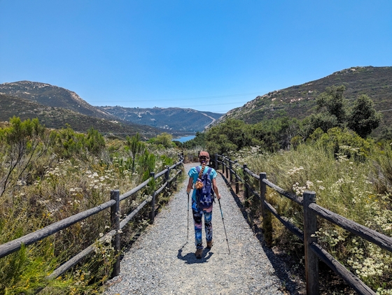 Hiker going to Loveland Reservoir in San Diego County 
